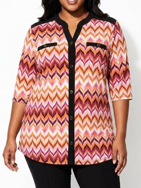 Elie McCarthy Retro Chevron V-Neck Button Up Slinky Tunic Top Blouse Plus 2X
